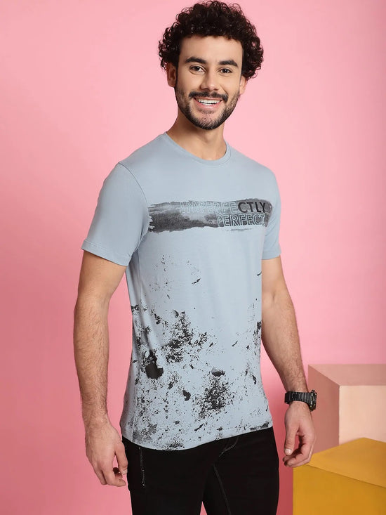 Venitian Men Printed Round Neck Grey Cotton Lycra T-Shirt