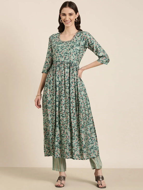 Women Sea Green Floral Kurta Set-SKC-1201-Seagreen