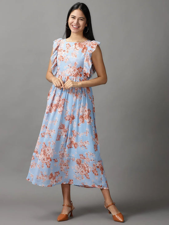 Women's Blue Floral Fit and Flare Dress-AE-15731-Blue