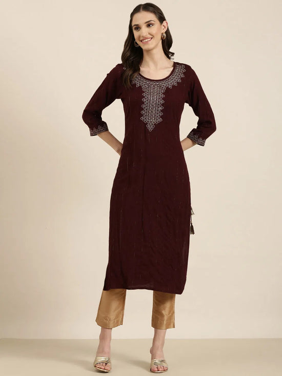 Women Maroon Striped Straight Kurta-AT-A881-K-Maroon