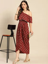 One Shoulder yoke overlap printed dress in Maroon