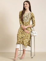 Women Olive Floral Straight Kurta-AT-A1078-K-Olive