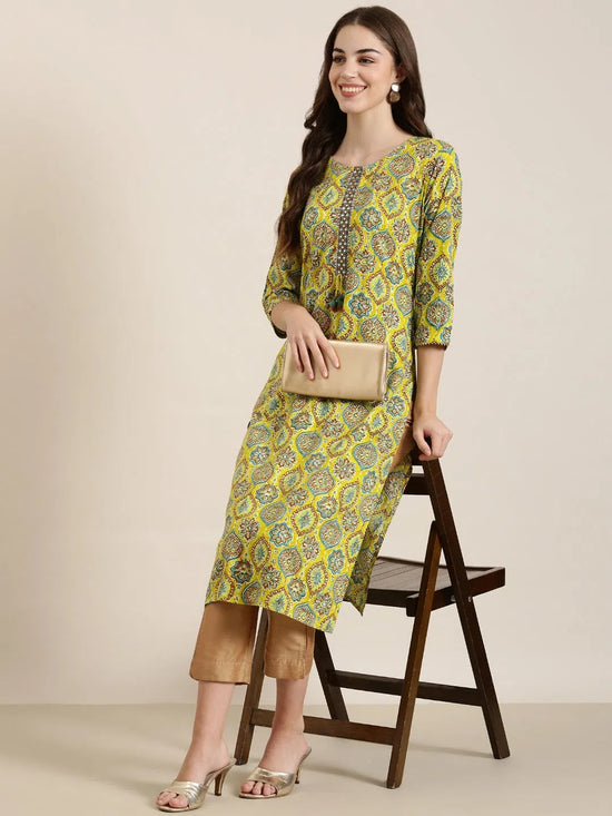 Women Yellow Printed Straight Kurta-AT-A828-K-Yellow