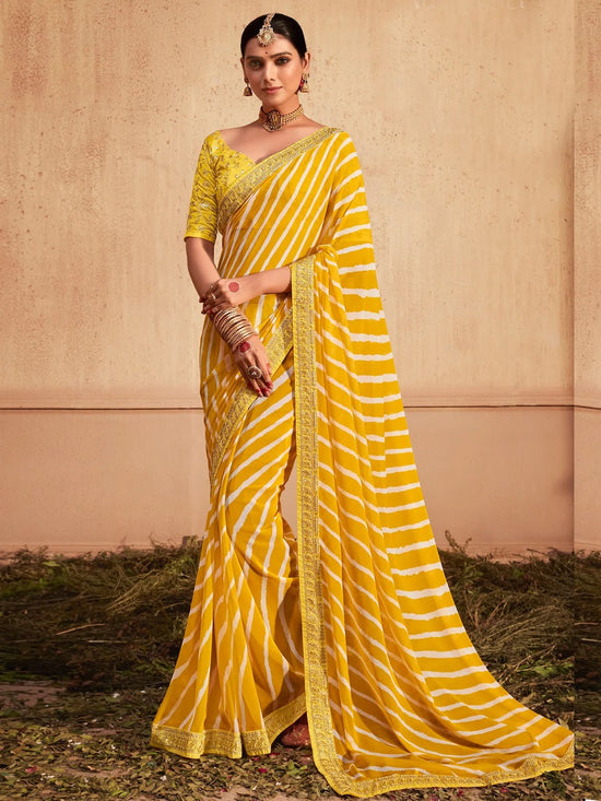 Saree Mall Women's Georgette Yellow Zari Embroidered Designer Saree With Blouse Piece-VIHANA1034