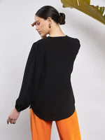 Women Black Puff Sleeves V-Neck Blouse