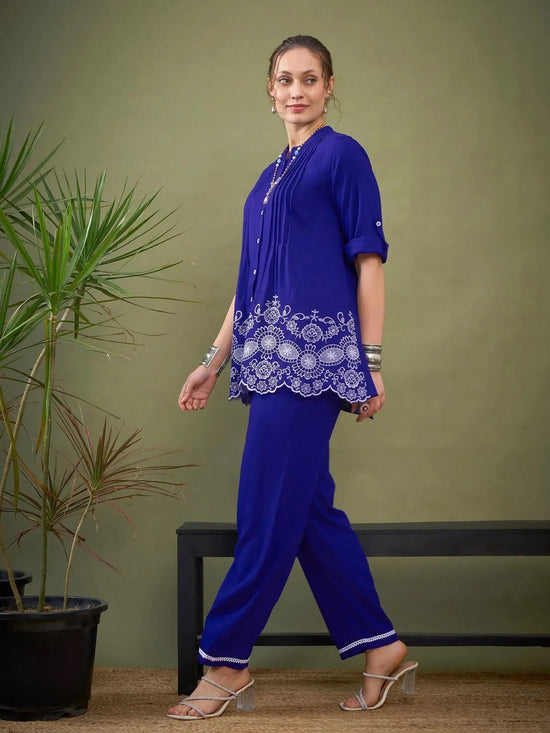 Women Royal Blue Hem Embroidered Shirt With Palazzos