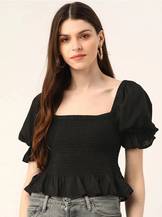 Black Smocking Puff Sleeve Top