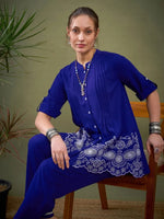 Women Royal Blue Hem Embroidered Shirt With Palazzos