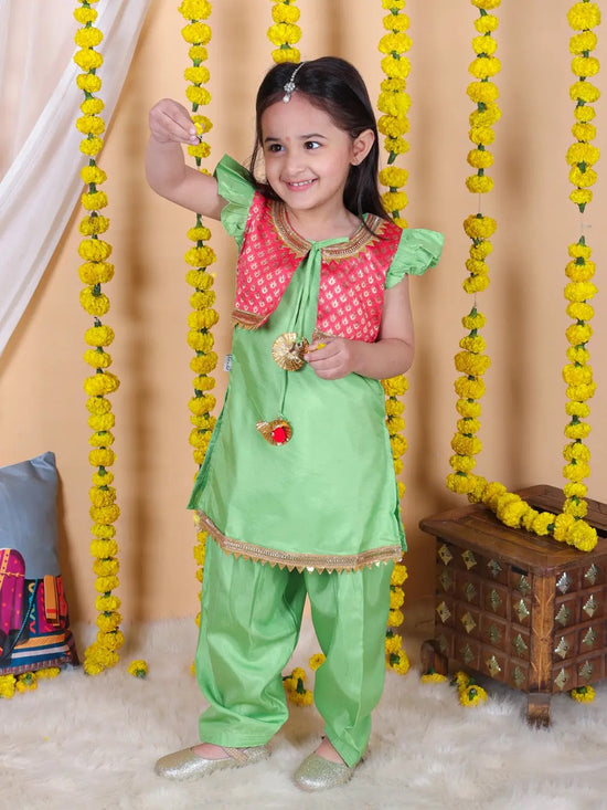 BownBee Girls Jacquard attached Jacket Silk Kurti Salwar Suit - Green