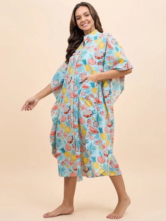 Long Kaftan Dress in Blue and Pink Watermelon Print