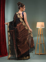 Black Cotton Blend Handwoven Saree With Woven Zari Border-MA50BCT061100034