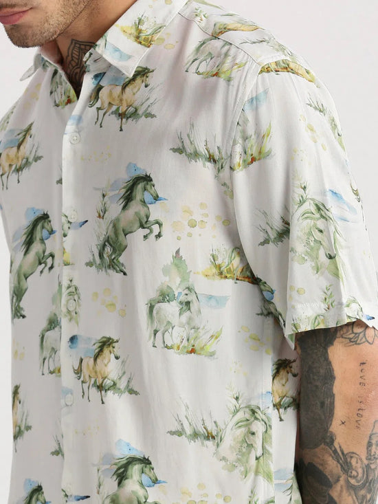 Men Spread Collar Animal Off White Casual Shirt-ZEPTO-2222-Offwhite