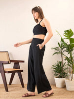 Women Black Schiffli Crop Top With Straight Pants