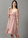 Women's Pink Floral Fit and Flare Dress-HQ-12-Peach