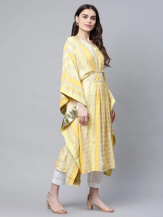 Ahalyaa Women Yellow Rayon Printed Flared Sleeve Kaftan Kurta