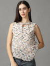 Women's Beige Printed Top-AE-10368-Cream