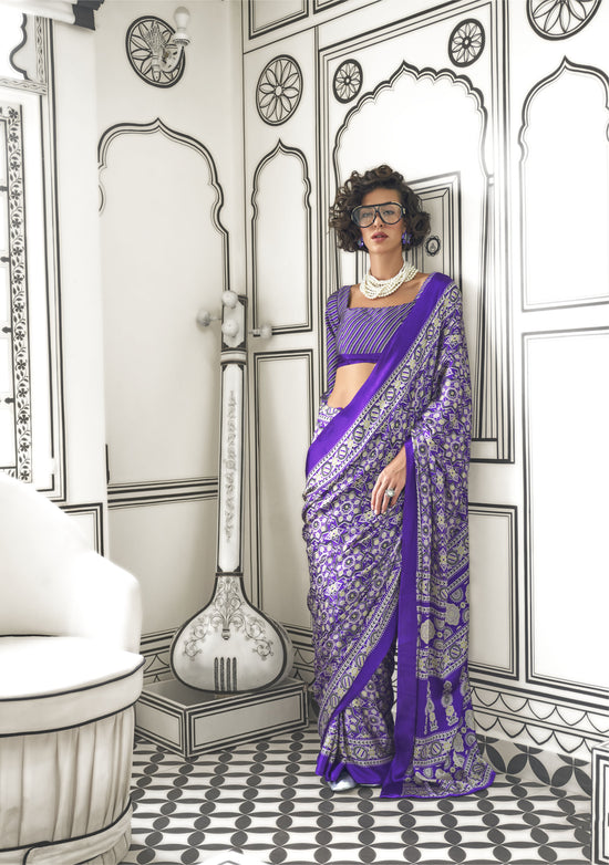 Avanshee Women's Latest Bollywood Self Design,Geometric Print Satin Saree With Unstiched Blouse-KAJARAKH-6007-PURPLE