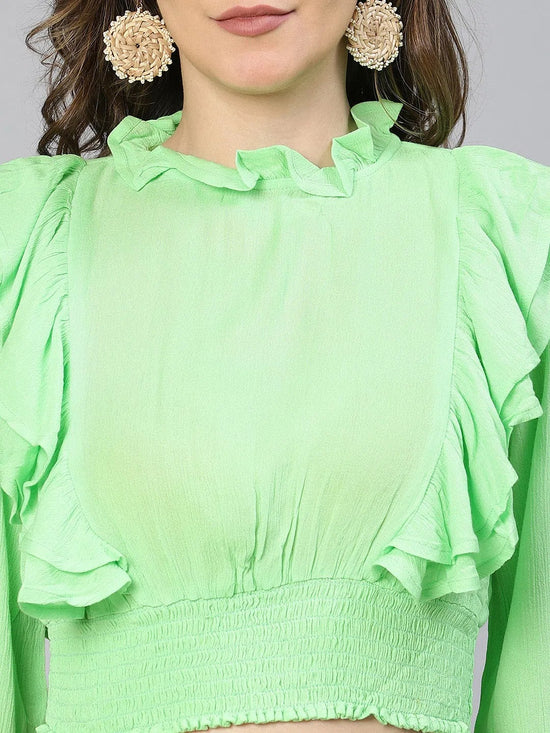 Women Solid Green Ruffled Long Sleeve  Casual Crop Top-S23078WBL002