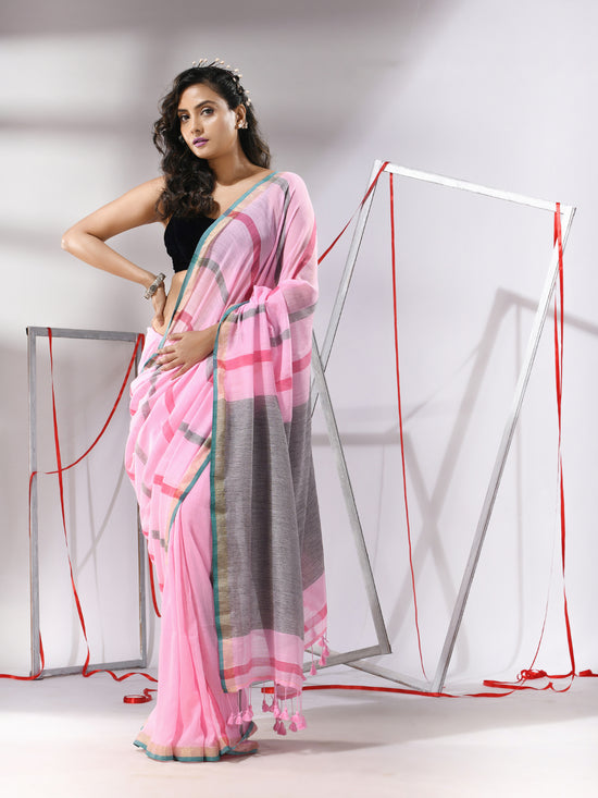 Baby Pink Cotton Saree With Stripes Design-MA55CT06540038