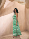 Women Green & White Ikat Print Front Knot Strappy Maxi