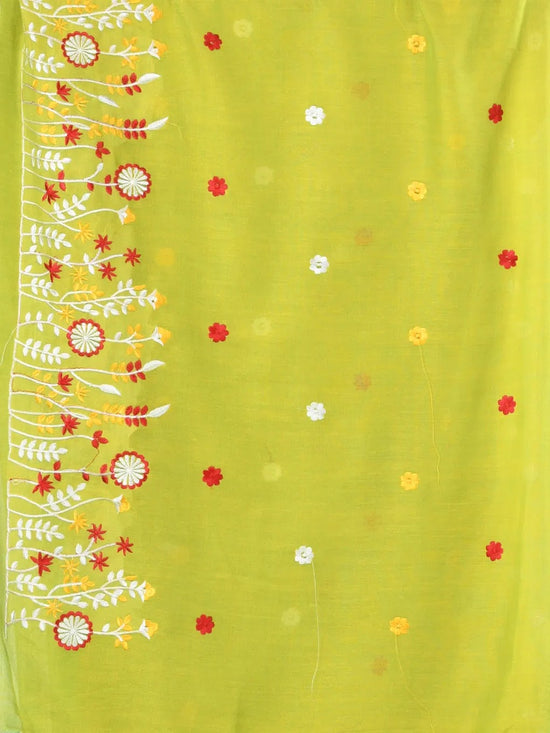 All Over Thread Floral Embroidery Lime Green Cotton Saree-MA62CT33610083