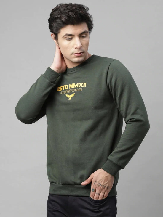 Rigo Bottle Green Placement Print Round Neck Fleece Sweatshirt