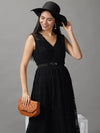 Women's Black Solid Fit and Flare Dress-ON-511-Black