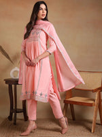 Ahika Women Pink Rayon Embroidered A-Line Kurta Pant Set