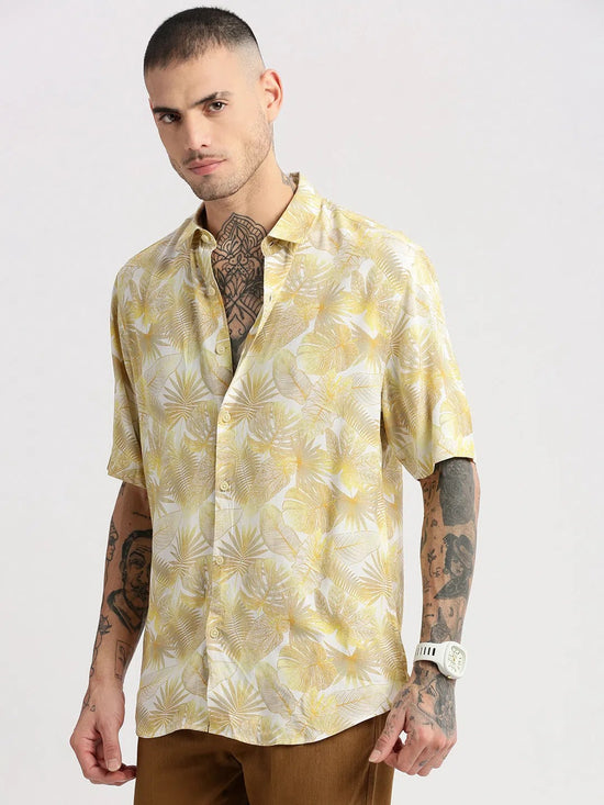 Men Spread Collar Floral Yellow Casual Shirt-POLFAH-2102-Yellow