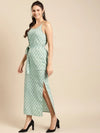 Speghetti Strap long maxi dress with waist tie in Mint Blue Print