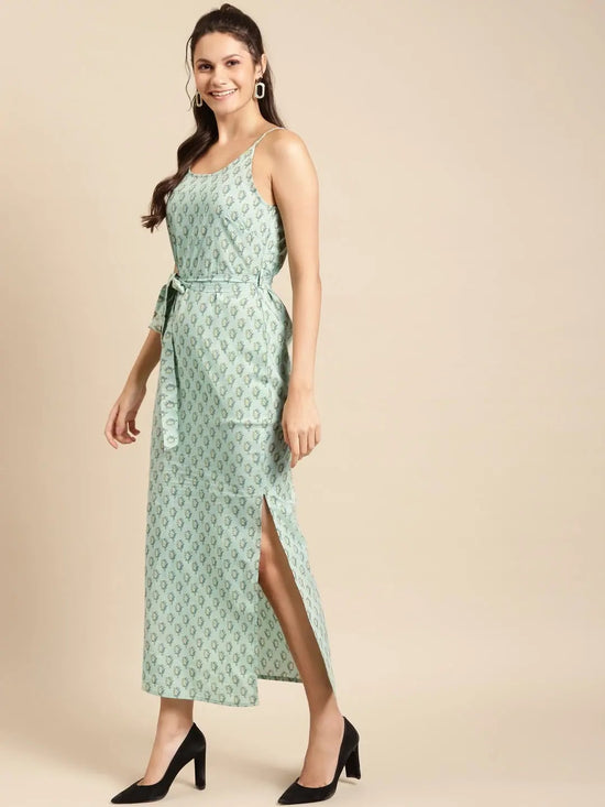 Speghetti Strap long maxi dress with waist tie in Mint Blue Print