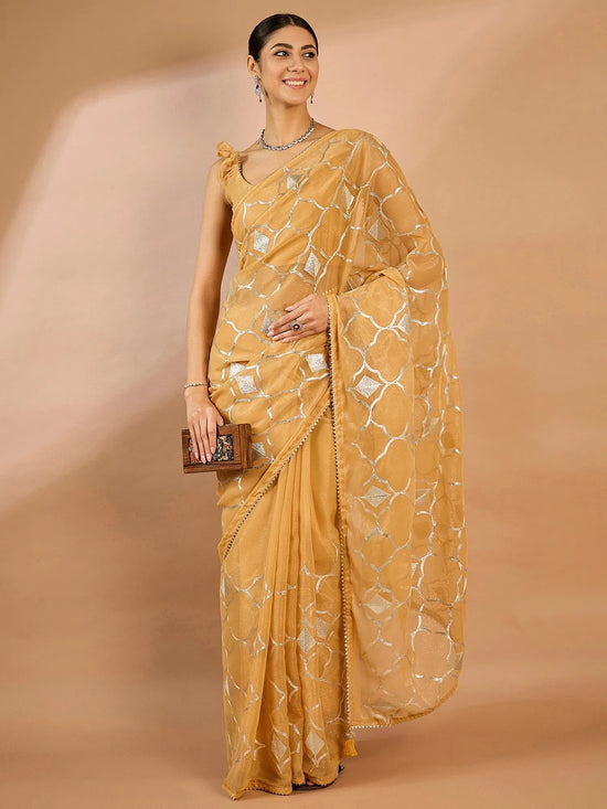 Saree Mall Women's Georgette Beige Embellished Designer Saree With Blouse Piece-SRENIK1733D