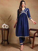 Ahika Women Navy Blue Silk Blend Embroidered A-Line Kurta Pant Set