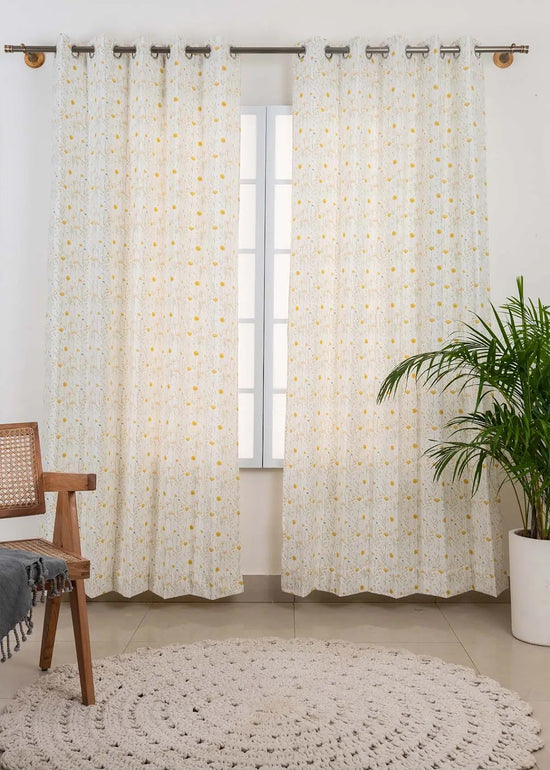 Drifting Dandelion 100% cotton floral curtain for kids room, living room - Room darkening - Yellow - Pack of 1-230423022