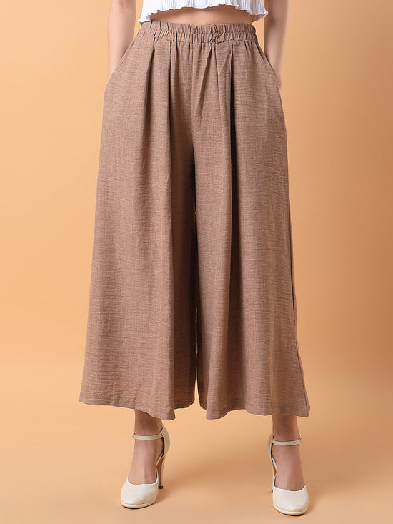 Women Solid Beige Pleated Loose Fit Trouser-1975-Beige