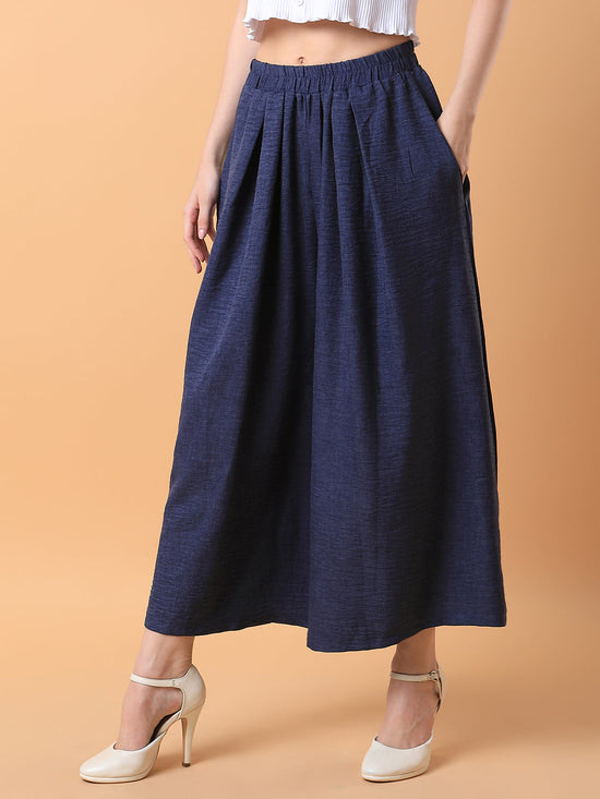 Women Solid Navy Blue Pleated Loose Fit Trouser-1975-Navyblue