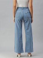 Women's Blue Solid Wide Leg Denim Jeans-GZ-5064A-Blue