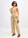 Women Beige Twill Front Zip Corset Top With Cargo Pants