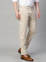 Genips Men's Beige Cotton Stretch Caribbean Slim Fit Solid Trousers