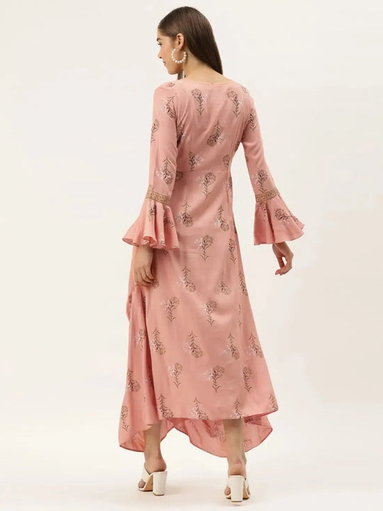 Bell sleeve printed long dress with front drape in dusty pink