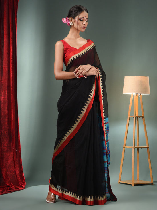 Black Silk Linen Handwoven Saree With Temple Border-MA50SLN061100096