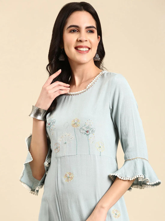 Women's Blue Embroidered A-Line Kurta-DW-9283-Blue