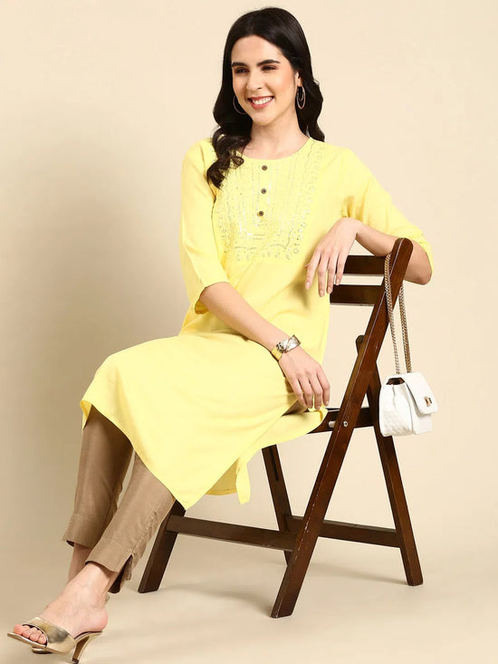 Women's Yellow Embellished Straight Kurta-NJ-3468222-Yellow