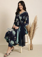 Women Anarkali Navy Blue Floral Kurta and Trousers Set Comes With Dupatta-BC-SK-1917-Navyblue