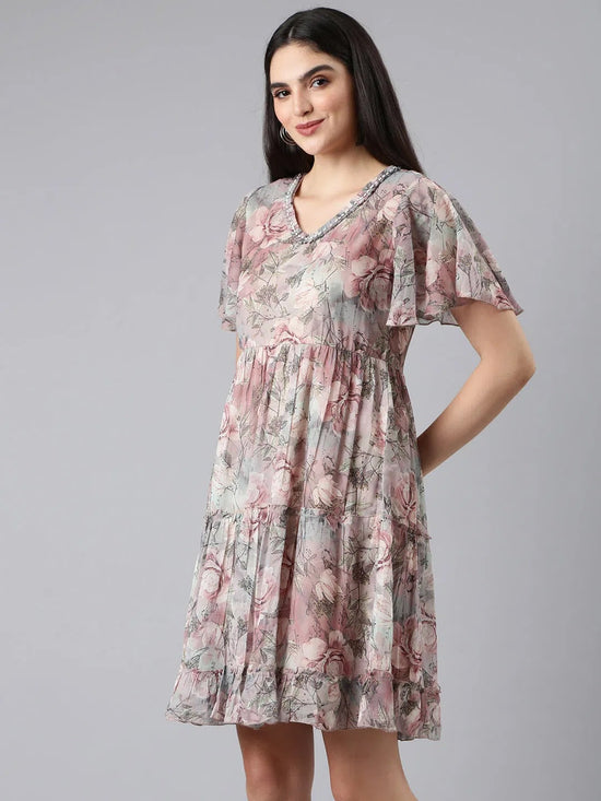 Women Grey Floral Empire Dress-DW-3456-Grey