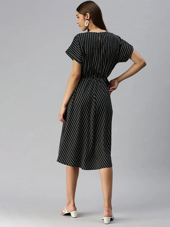 Women's Black Striped Fit and Flare Dress-AE-9873-Black