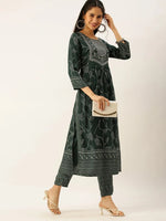 Women's Green Printed Kurta Sets-FS-2524-Green