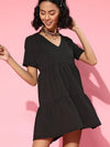 Women Black V-Neck Tiered Dress