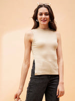 Women Beige Rib Side Slit Top