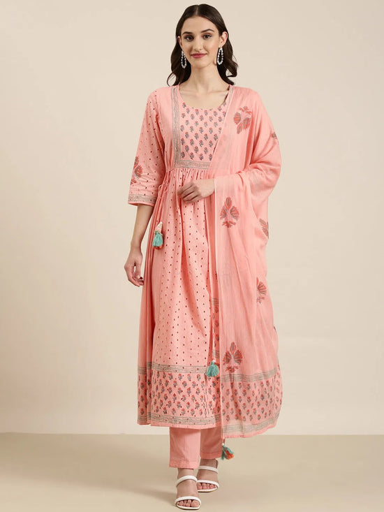 Women Peach Floral Kurta Set-RF-001-Peach